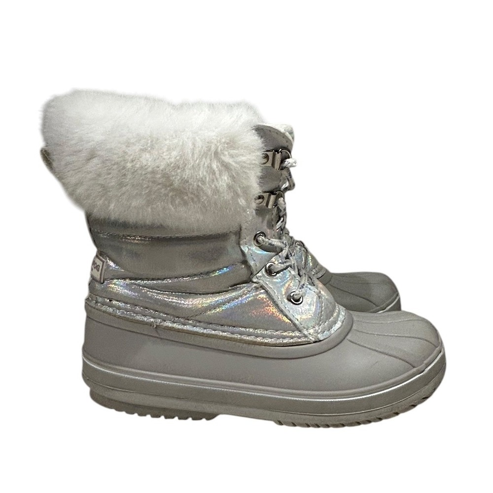 London Fog Bellcourt Kids Silver Iridescent Faux Fur Winter Duck Boots Size 3